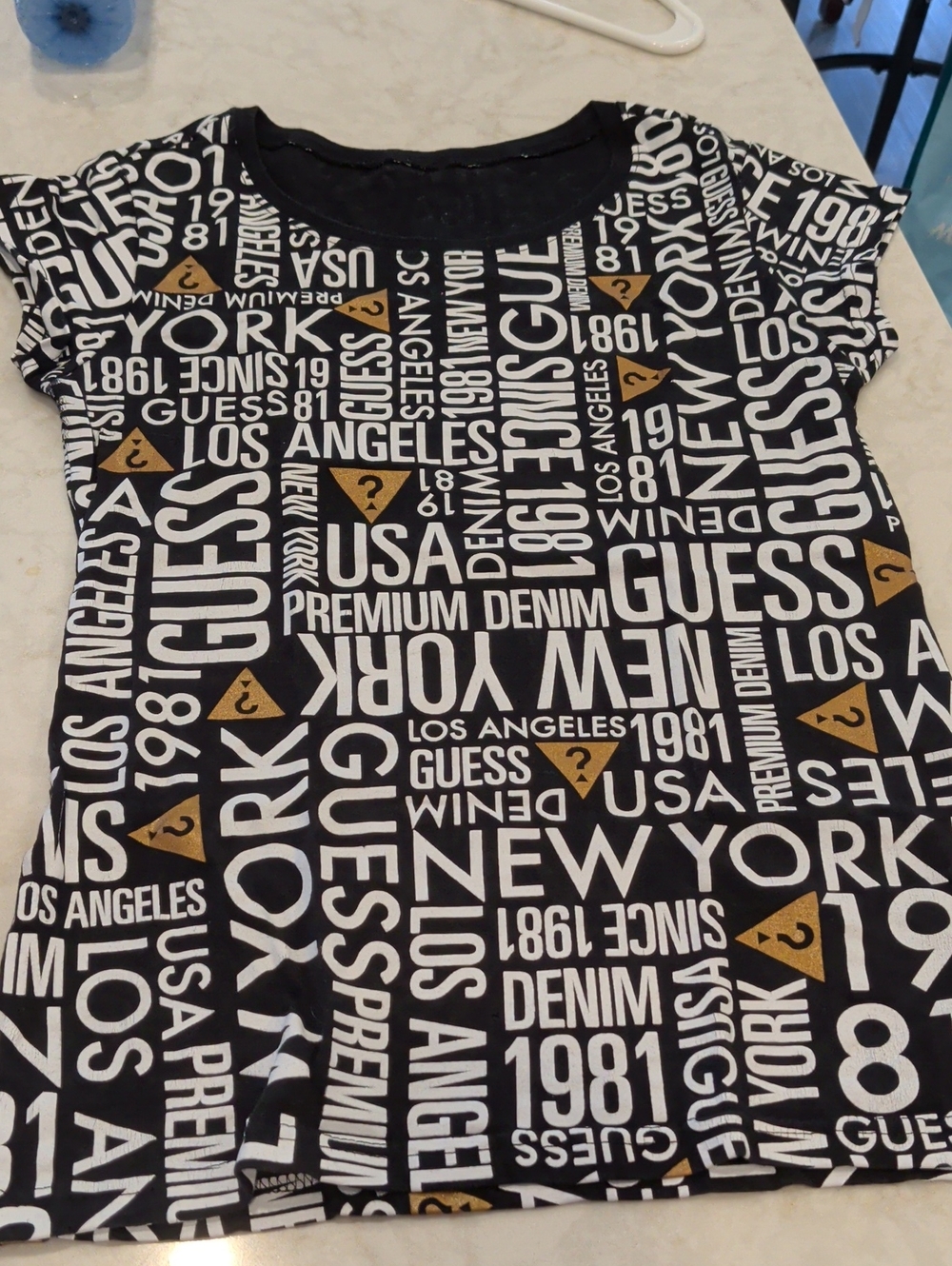 Guess Black & White Logo Print Short Sleeve Dress with Gold Accents